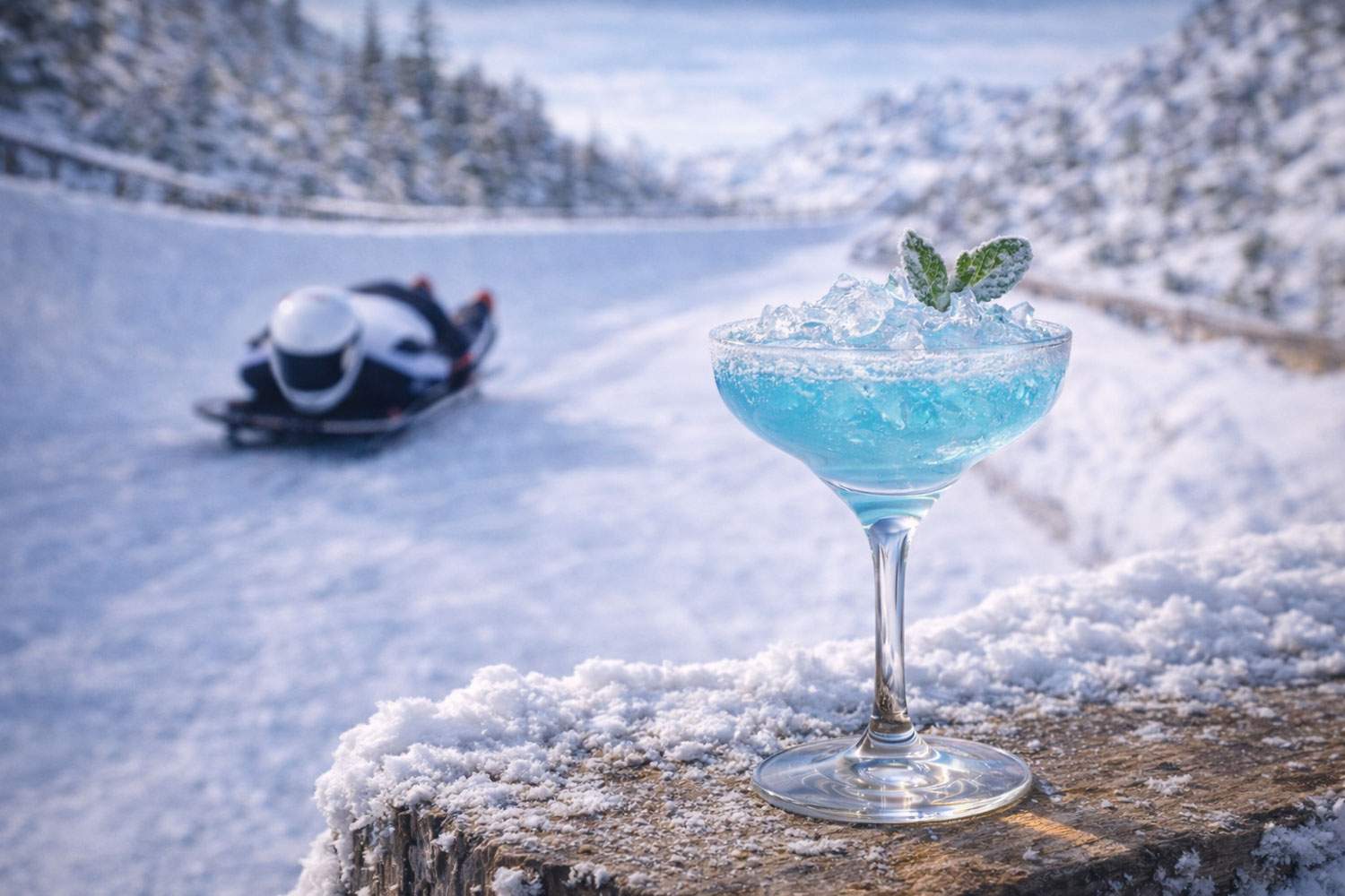 Cocktail Frozen Spine in coppa con ghiaccio tritato e menta ghiacciata, drink azzurro ispirato allo skeleton alle Olimpiadi Invernali 2026, atleta lanciato sulla pista ghiacciata sullo sfondo