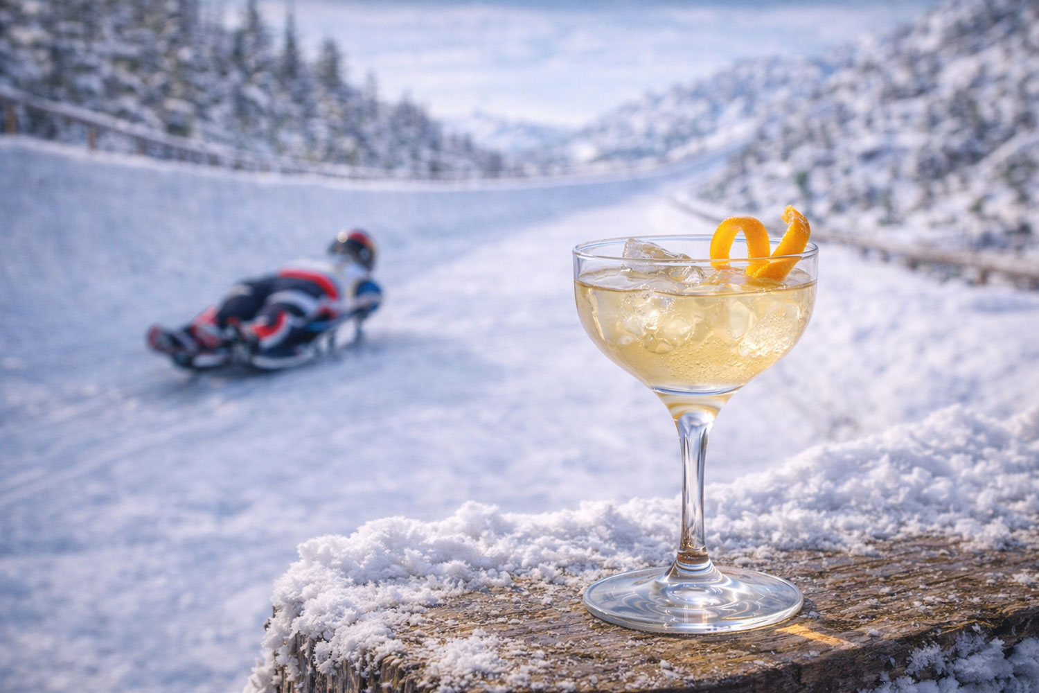 Cocktail Ice Glide in coppa elegante con ghiaccio e scorza d’arancia, drink chiaro e raffinato ispirato allo slittino alle Olimpiadi Invernali 2026, atleta in discesa sulla pista ghiacciata sullo sfondo