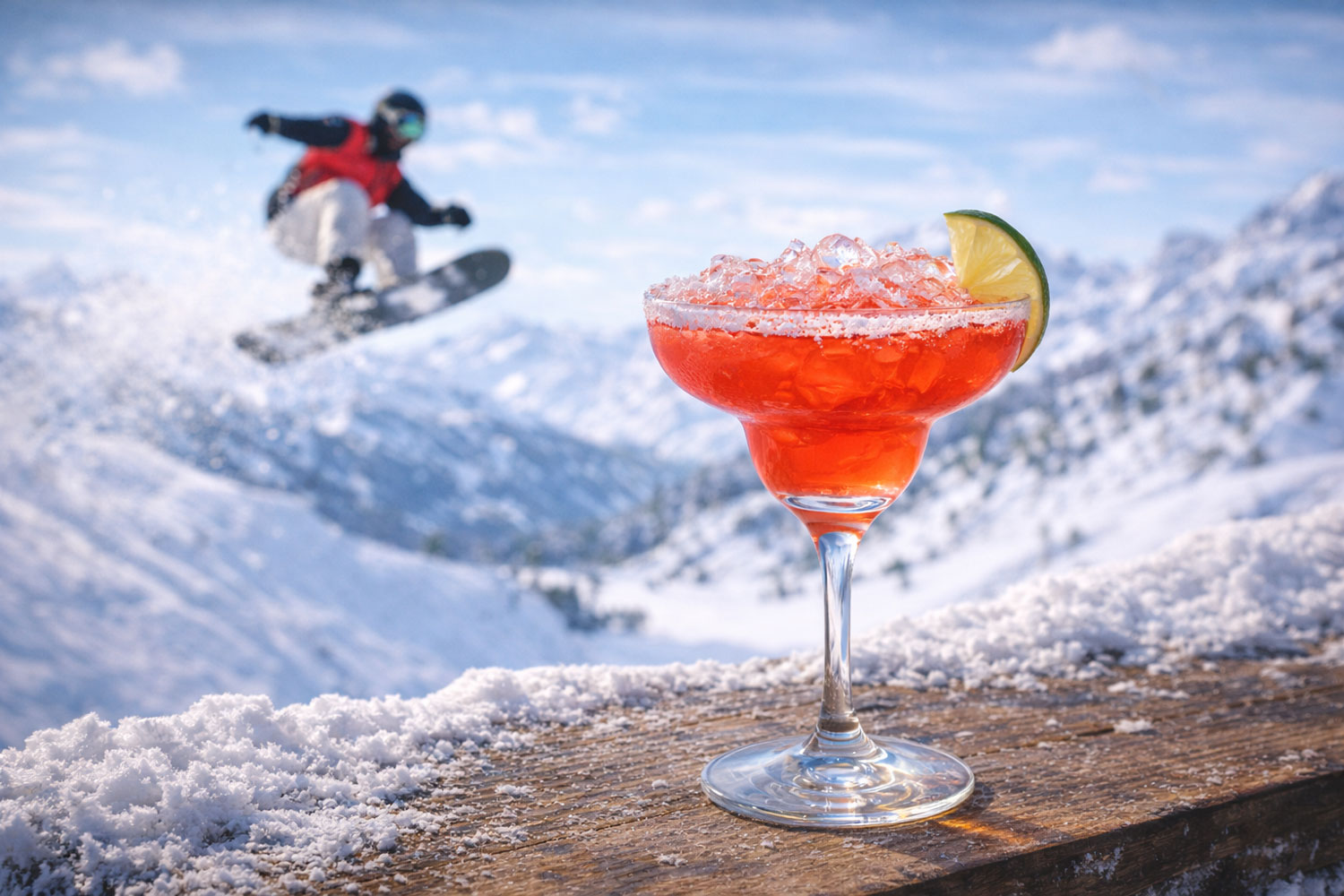 Cocktail Freestyle Ice in bicchiere tumbler con ghiaccio e lime, drink colorato ispirato allo snowboard alle Olimpiadi Invernali 2026, snowboarder in salto sullo sfondo innevato