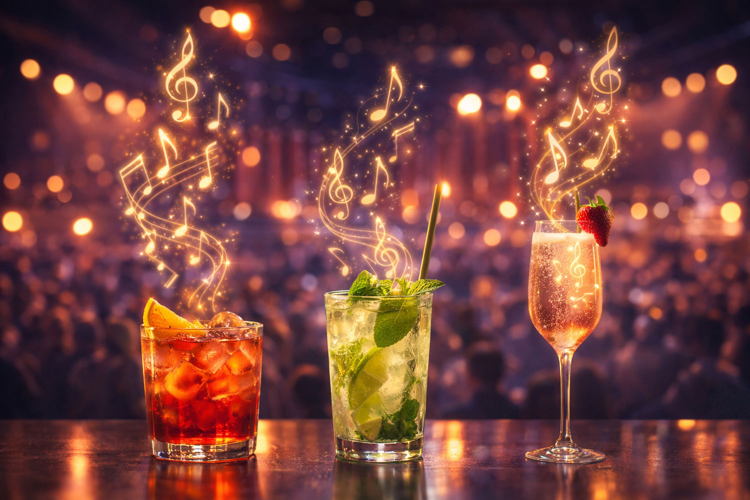 Sanremo 2026 cocktail IBA con note musicali su sfondo palco festival