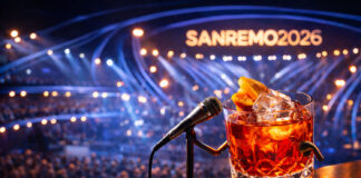 Sanremo 2026: i cocktail IBA dei Big più giovani Sanremo 2026 cocktail su palco con microfono e atmosfera Festival musicale