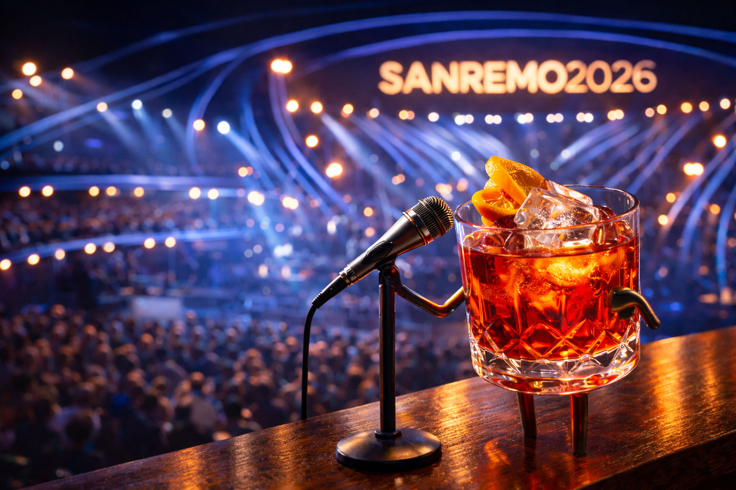 Sanremo 2026 cocktail su palco con microfono e atmosfera Festival musicale