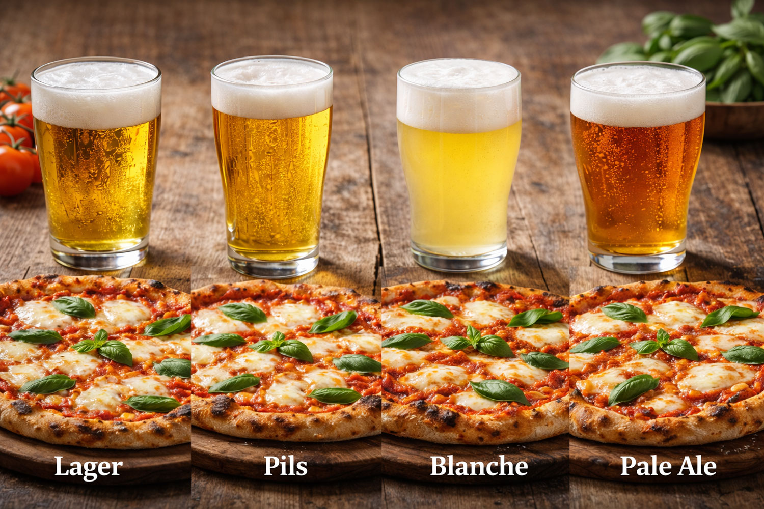 Birra e pizza margherita con confronto tra stili lager pils blanche e pale ale per abbinamento gastronomico