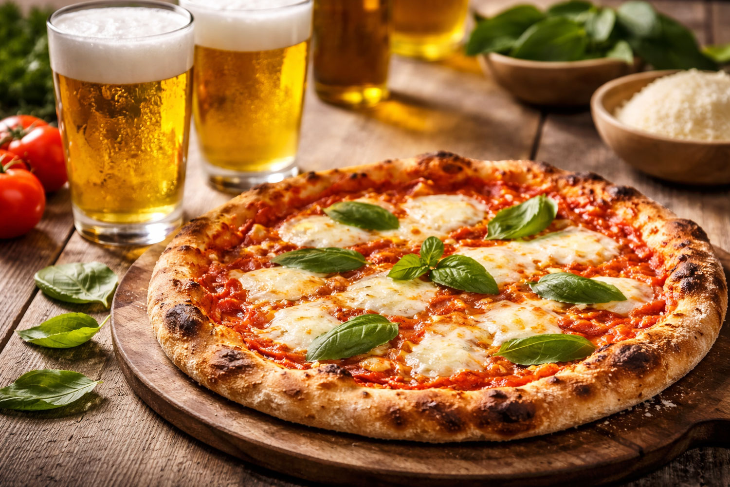 Birra e pizza margherita servite insieme con bicchieri di lager come esempio di abbinamento tra pizza e birra in pizzeria