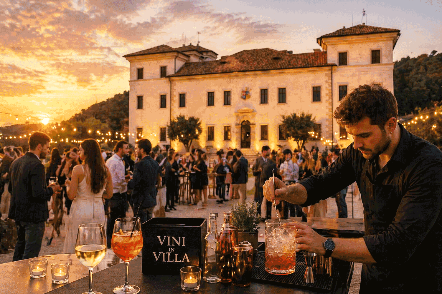 Vini in Villa Bassano aperitivo bartender cocktail villa Rezzonico tramonto