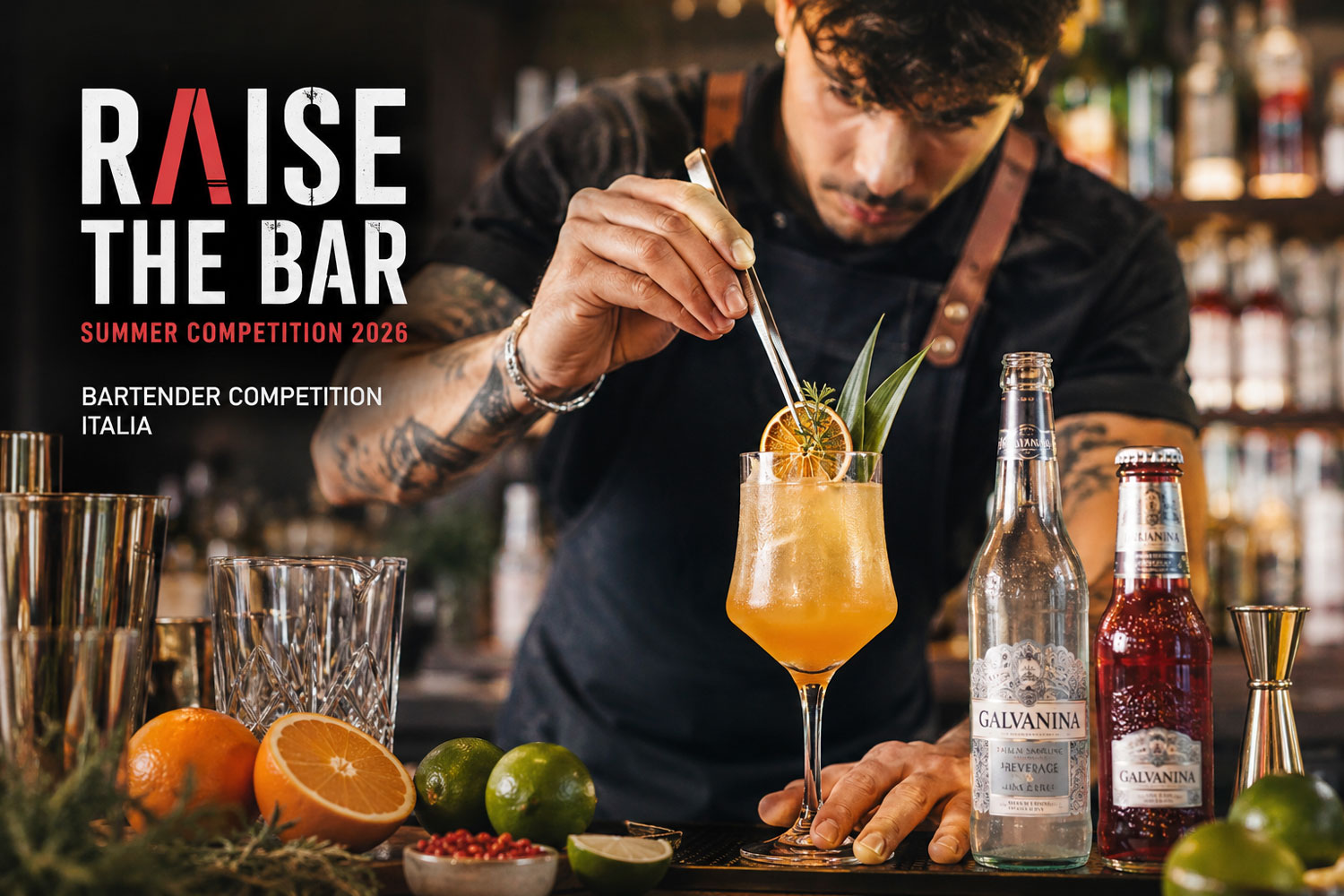 Bartender competition 2026 con bartender italiano impegnato nella preparazione di un cocktail durante la Raise the Bar Summer Competition di Ad Horeca.