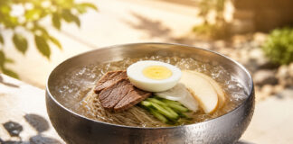 Brodo con ghiaccio: lo mangereste con 40 gradi? brodo con ghiaccio coreano con noodles freddi, carne, cetriolo, pera e uovo sodo in ciotola metallica