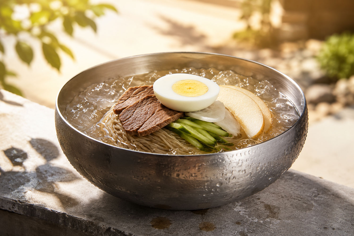 brodo con ghiaccio coreano con noodles freddi, carne, cetriolo, pera e uovo sodo in ciotola metallica