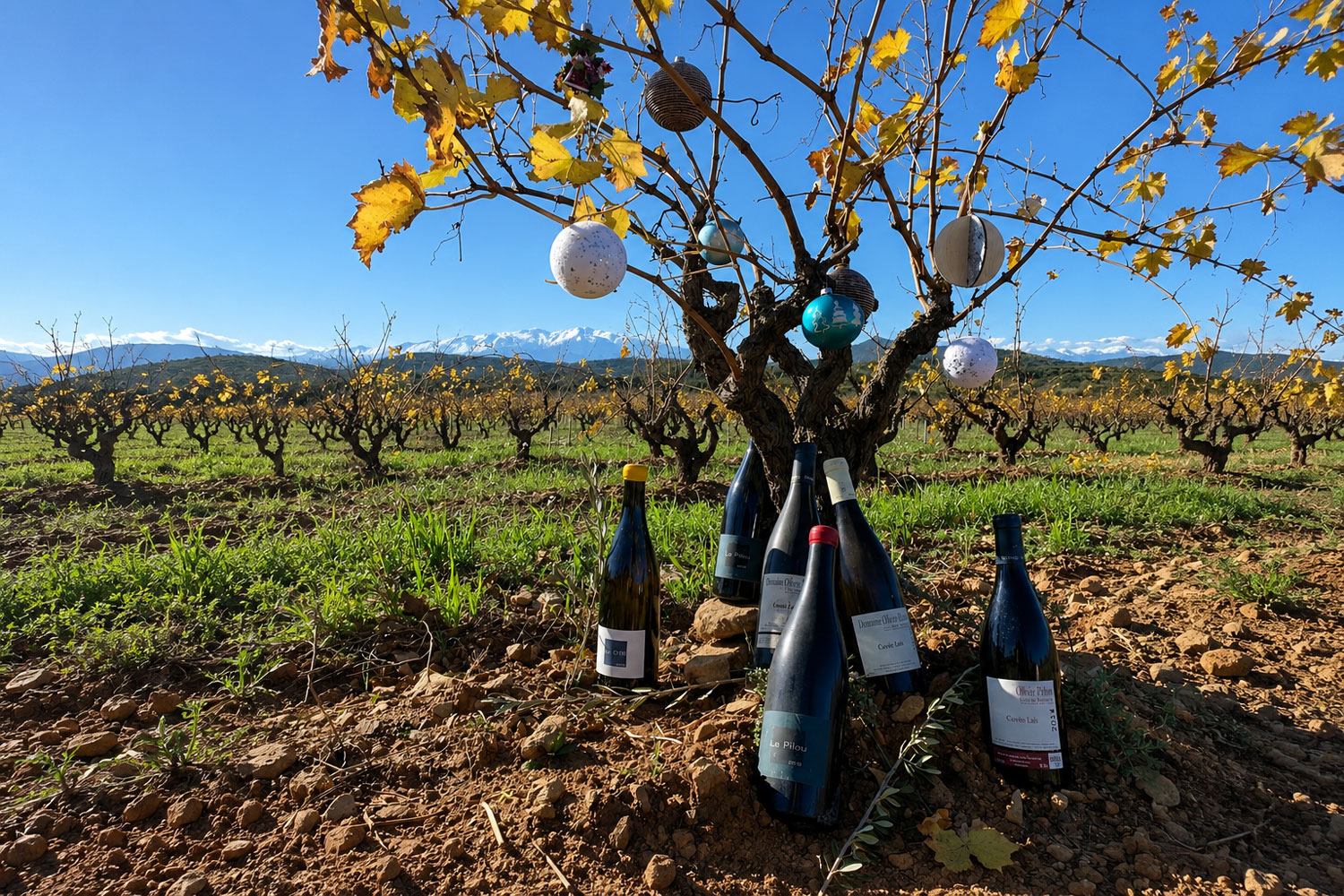 Olivier Pithon vini naturali Roussillon, bottiglie tra i vigneti di Calce con filari e paesaggio mediterraneo