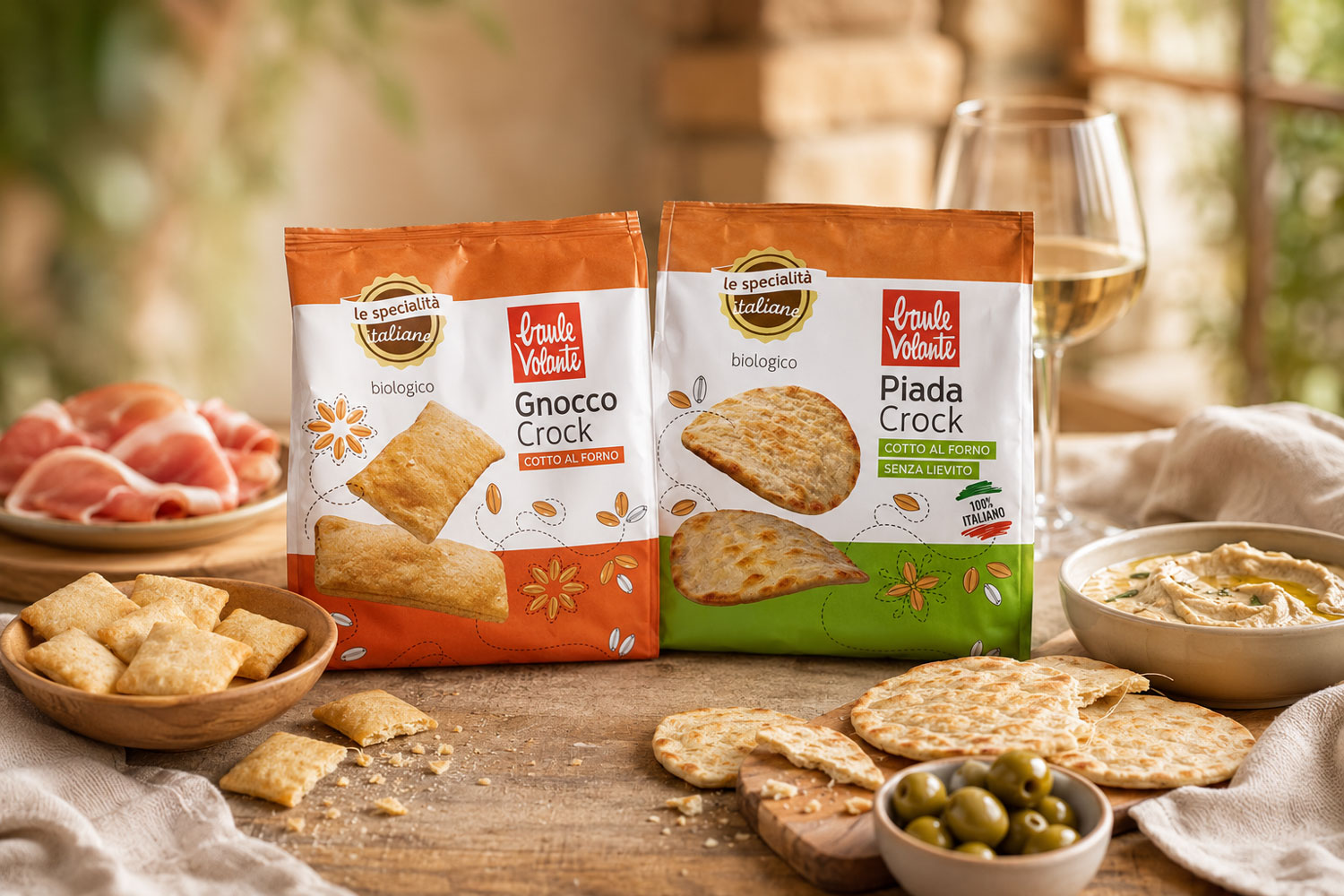 Piada Crock e Gnocco Crock di Baule Volante serviti come snack biologici durante un aperitivo italiano