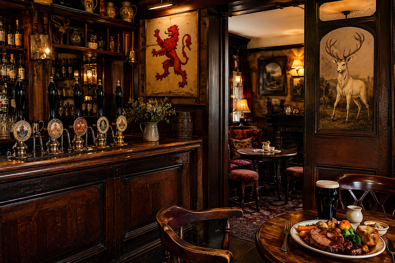 Pub inglesi con handpump, snug tradizionale, insegne storiche e Sunday roast servito al tavolo.