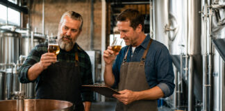 Birre collaborative: perché i birrifici lavorano insieme Due birrai artigianali degustano una collaboration beer all’interno di un birrificio tra tank, malti e luppolo