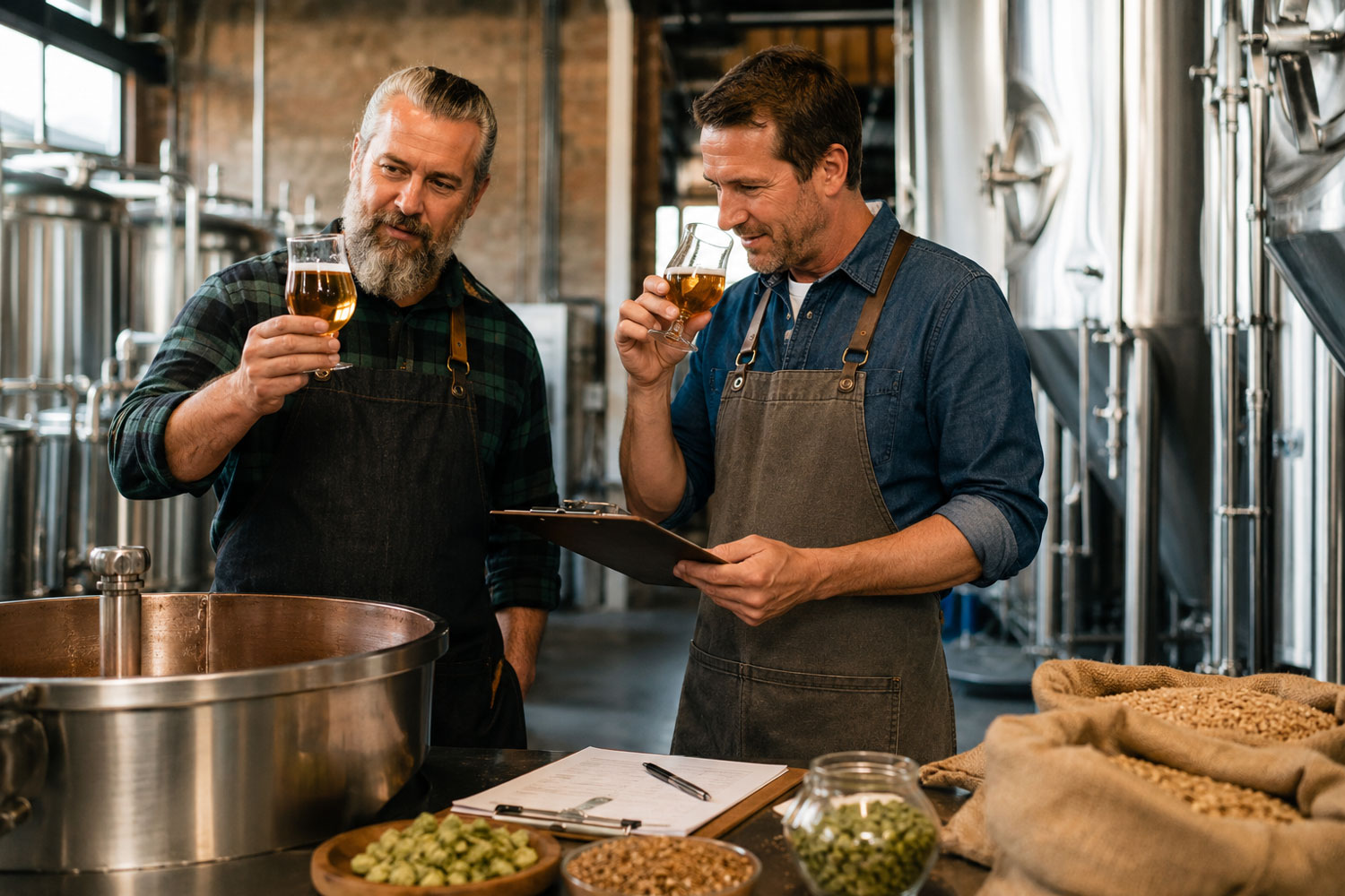 Due birrai artigianali degustano una collaboration beer all’interno di un birrificio tra tank, malti e luppolo