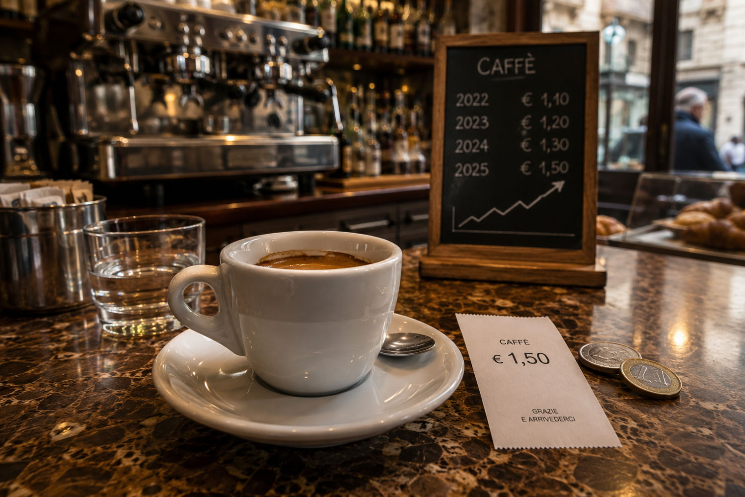 Caffè al bar in Italia con espresso a 1,50 euro e aumento dei prezzi della tazzina