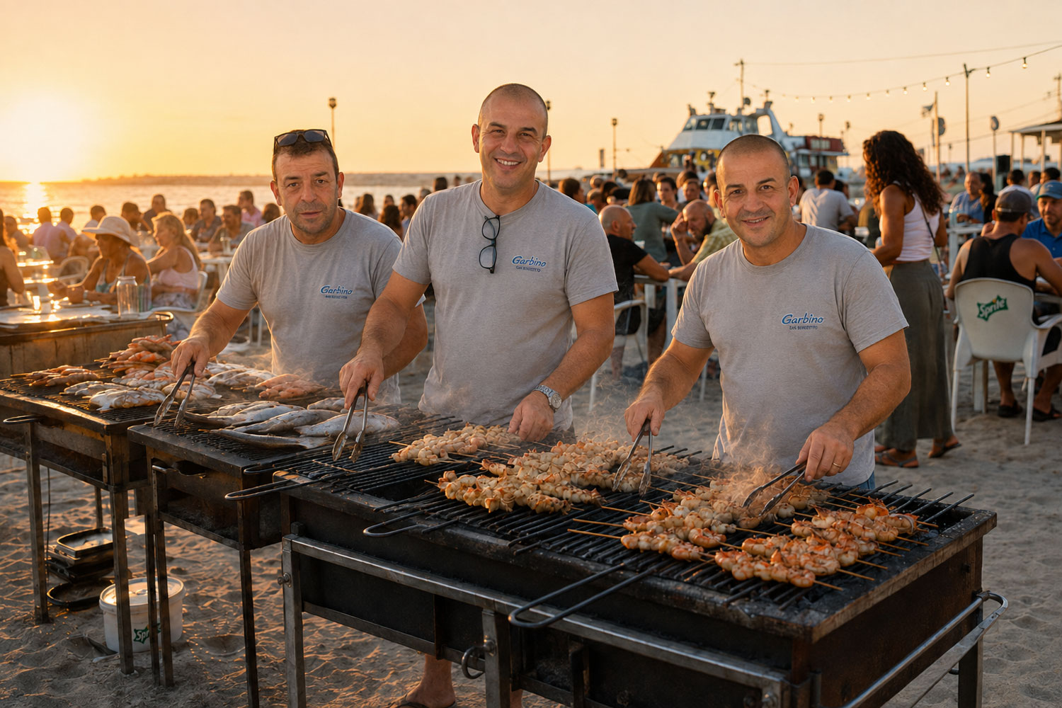 Ristorante di pesce a Cattolica, i tre fratelli del Garbino alla griglia sulla spiaggia al tramonto