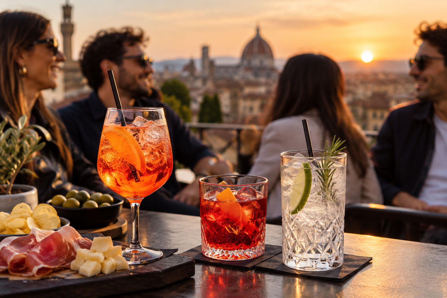 Aperitivo italiano con cocktail e stuzzichini al tramonto