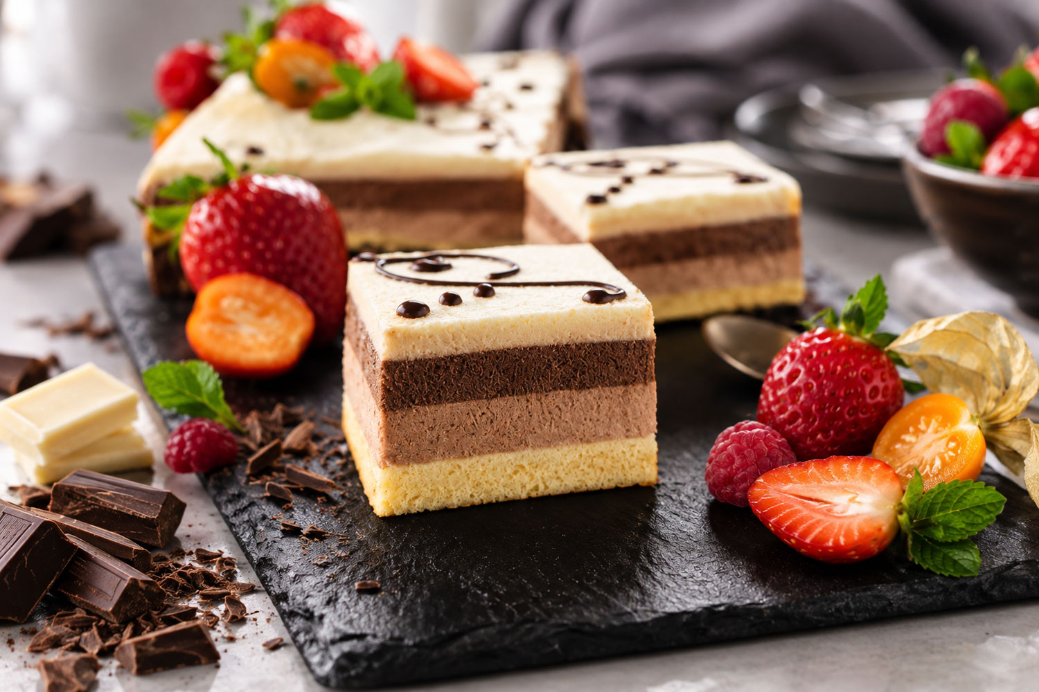 Bavarese ai tre cioccolati con fondente, cioccolato al latte e bianco
