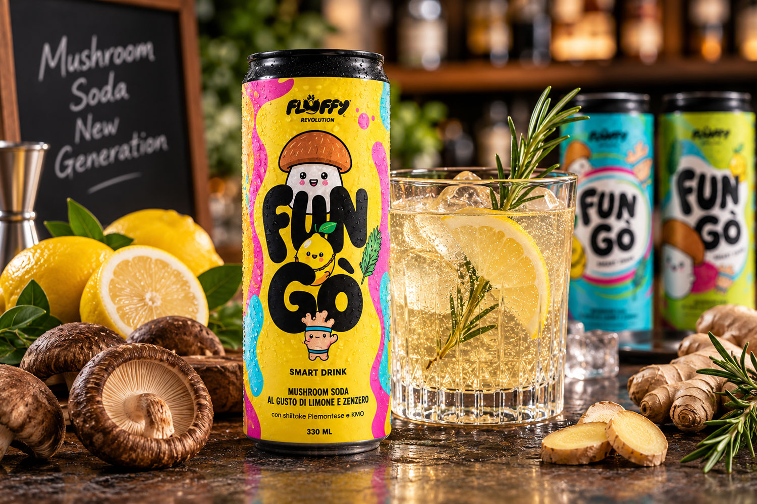 Bibita ai funghi con shiitake, FUN-GÒ mushroom soda italiana servita al bar con limone, zenzero e rosmarino