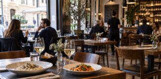 HoReCa, cresce la spesa ma calano le visite: i segnali che cambiano il fuori casa nel 2026 Tavoli di un ristorante durante il servizio, scenario dei consumi fuori casa 2026