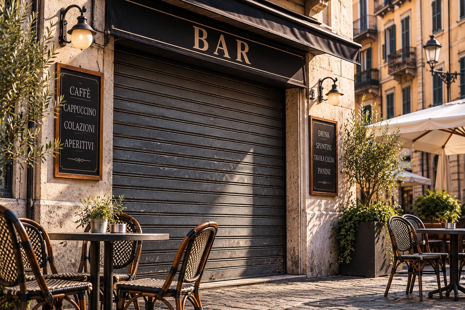 Bar chiuso con saracinesca abbassata, crisi dei bar in Italia