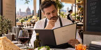DOP e IGP nel menu: le regole per ristoranti e bar DOP e IGP nel menu di ristoranti e bar, con chef, ingredienti italiani, vino e cocktail in un locale HoReCa.