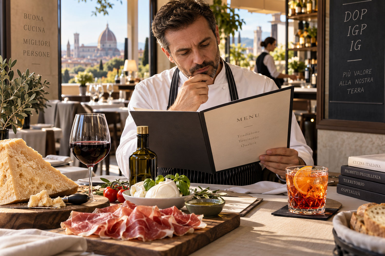 DOP e IGP nel menu di ristoranti e bar, con chef, ingredienti italiani, vino e cocktail in un locale HoReCa.