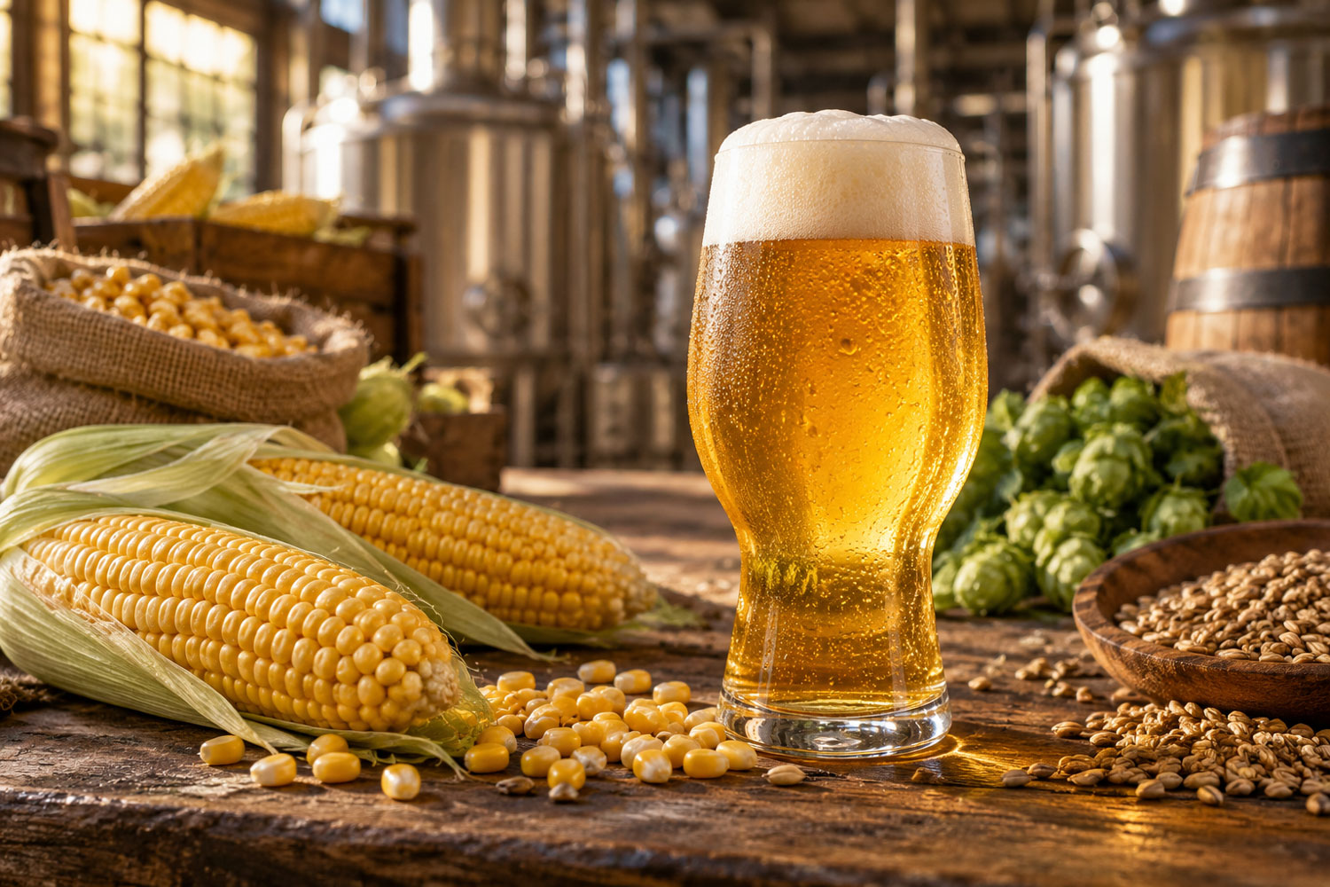 Mais e birra artigianale rappresentati con birra dorata, pannocchie, malto e luppolo in ambiente brassicolo.