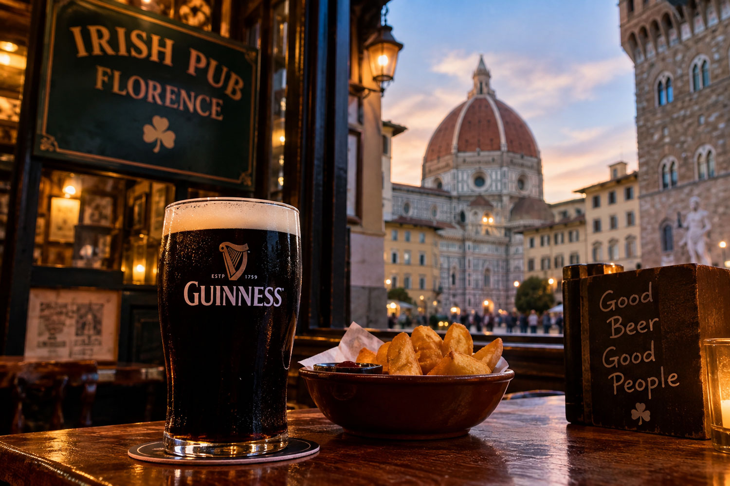 Migliori pub Firenze, pinta di Guinness in un Irish pub con vista sul Duomo e atmosfera serale nel centro storico.