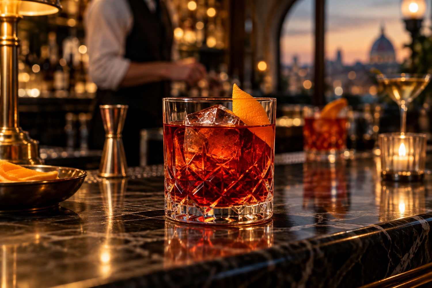Negroni Week 2026, cocktail Negroni con ghiaccio e scorza d’arancia servito al bancone di un bar.