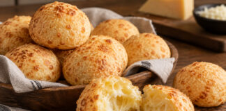 Pão de queijo: la ricetta del pane al formaggio brasiliano Pão de queijo brasiliano appena sfornato con interno morbido ed elastico, preparato con polvilho e formaggio secondo la tradizione del Minas Gerais.