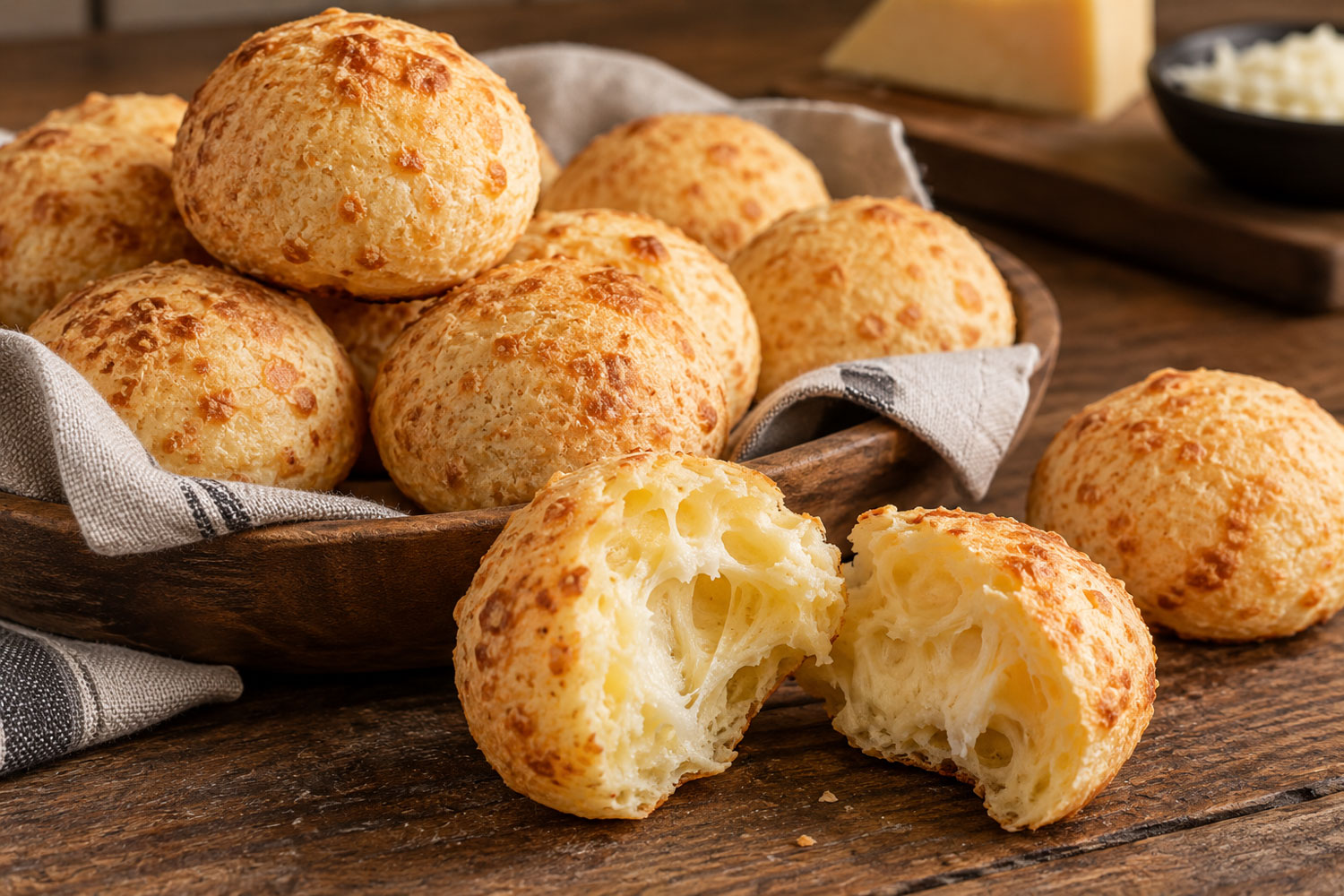 Pão de queijo brasiliano appena sfornato con interno morbido ed elastico, preparato con polvilho e formaggio secondo la tradizione del Minas Gerais.