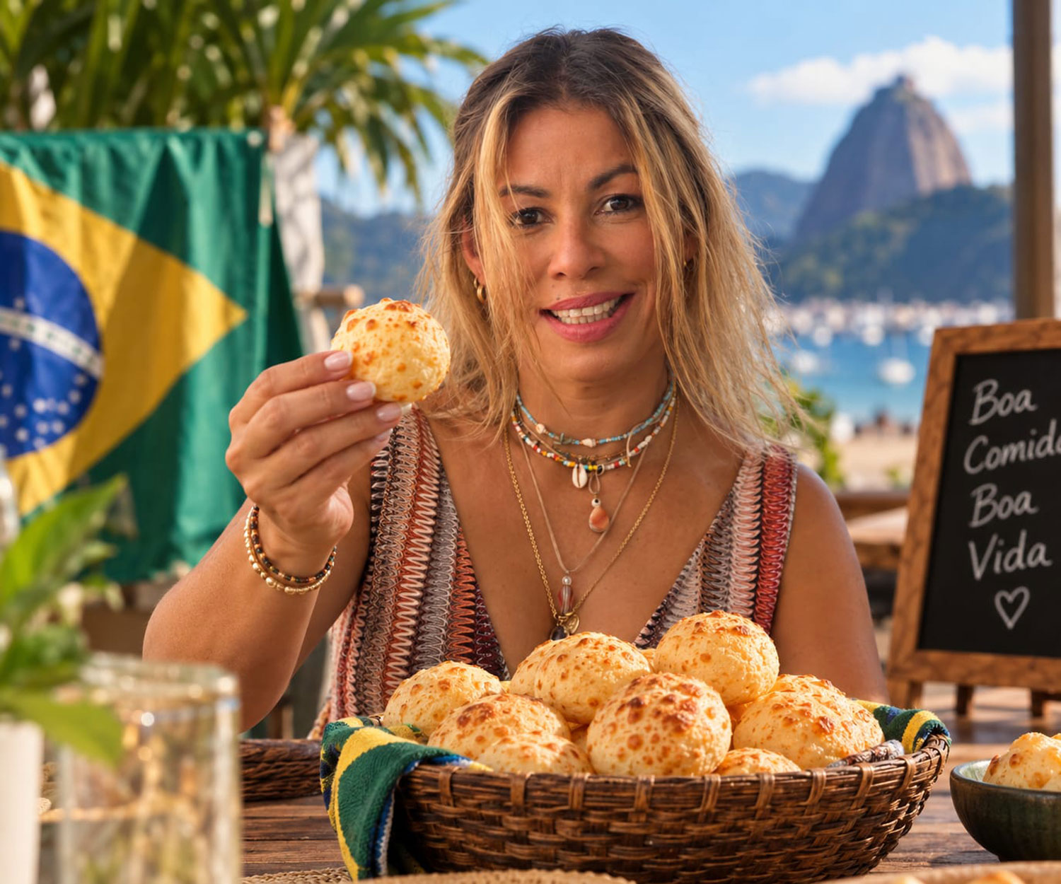 Paula Carvalho con un pão de queijo brasiliano, il tradizionale pane al formaggio preparato con polvilho.