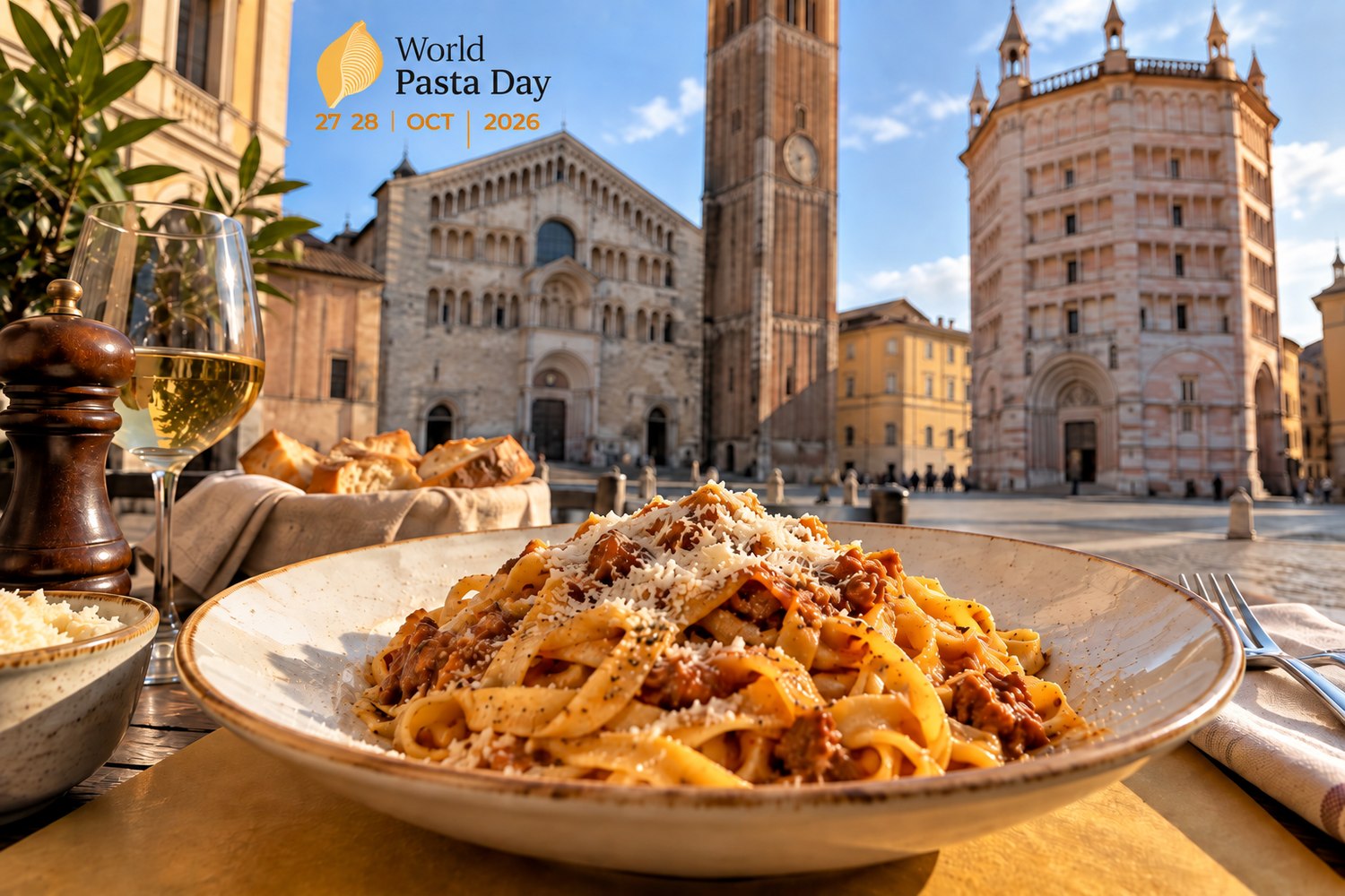 World Pasta Day 2026 a Parma con pasta italiana e Piazza Duomo sullo sfondo