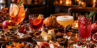 Aperitivo d’autunno: cosa bere e mangiare di stagione Aperitivo d'autunno con cocktail, crostini ai funghi, zucca, formaggi e stuzzichini stagionali