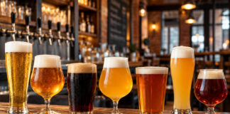 Bicchieri da birra: come sceglierli per pub e birrerie Bicchieri da birra di forme diverse, con birre chiare, ambrate e scure sul bancone di un pub.