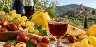 Brodo di giuggiole: la ricetta tradizionale da preparare in casa Bicchiere di brodo di giuggiole con giuggiole mature, uva e mele cotogne