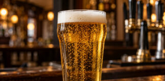 Come si rende frizzante la birra: tecniche e differenze Carbonazione della birra con bollicine nella birra dorata e schiuma bianca sul bancone di un pub