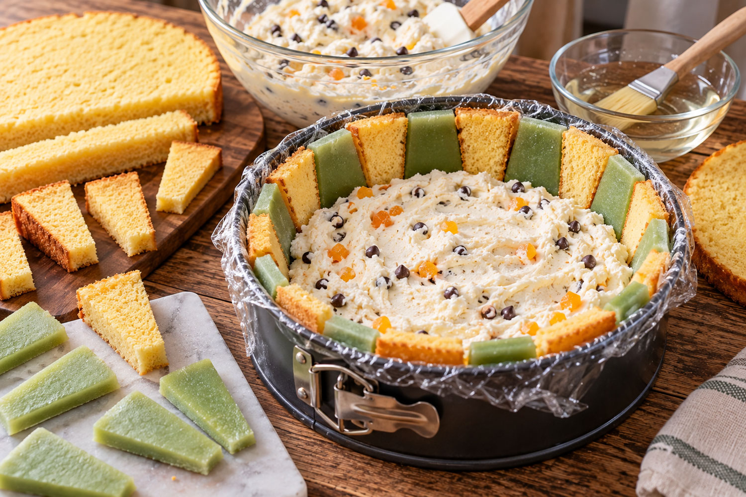 Assemblaggio della cassata siciliana con Pan di Spagna, pasta reale verde e crema di ricotta nello stampo