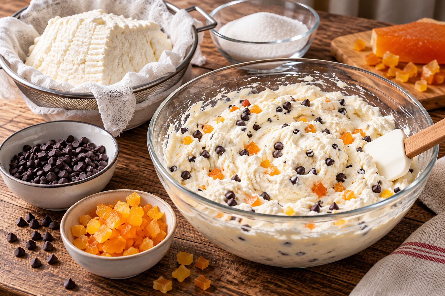 Crema di ricotta con gocce di cioccolato fondente e cubetti di arancia candita per la cassata siciliana
