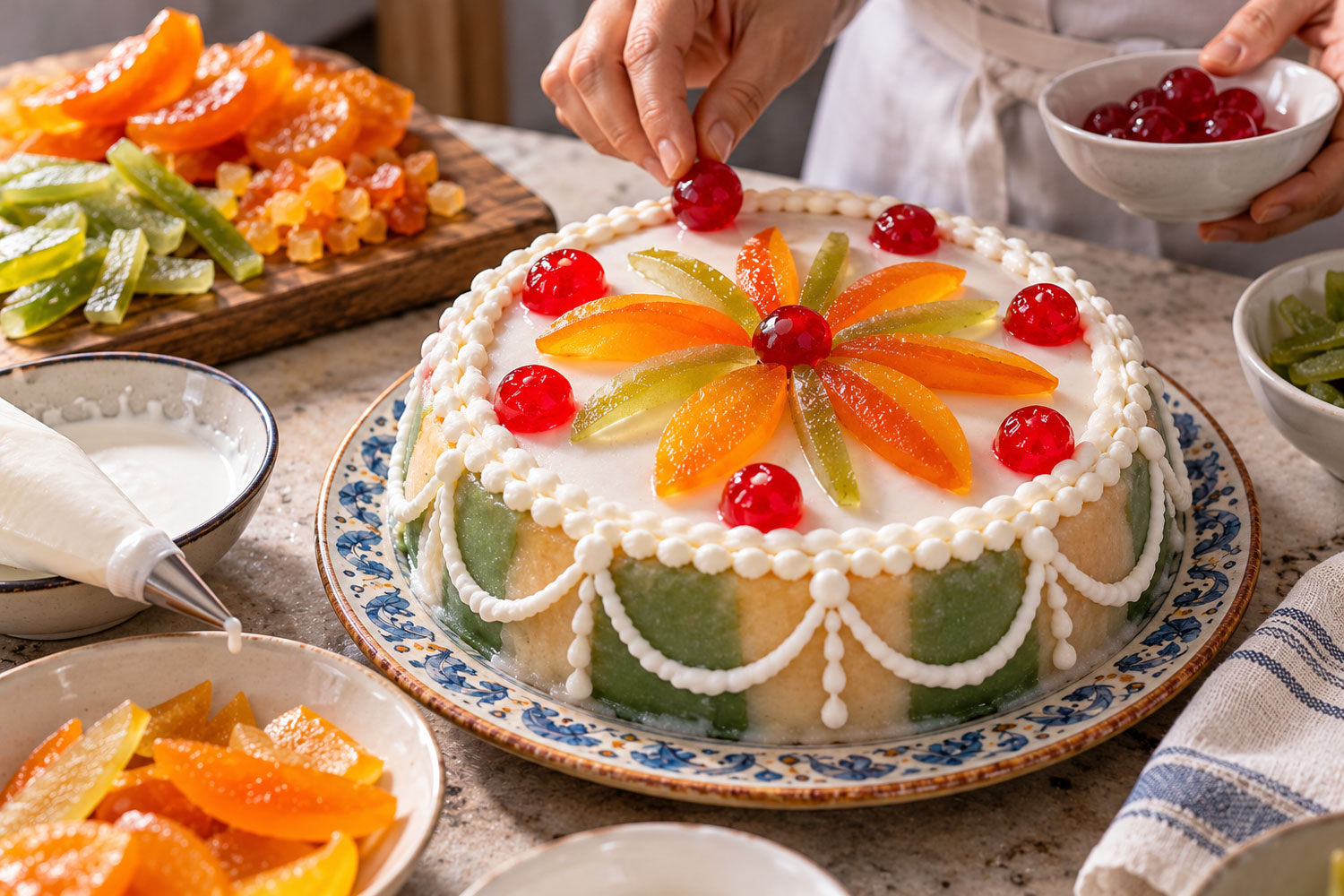 Decorazione della cassata siciliana con arance, cedro e ciliegie candite sulla glassa bianca