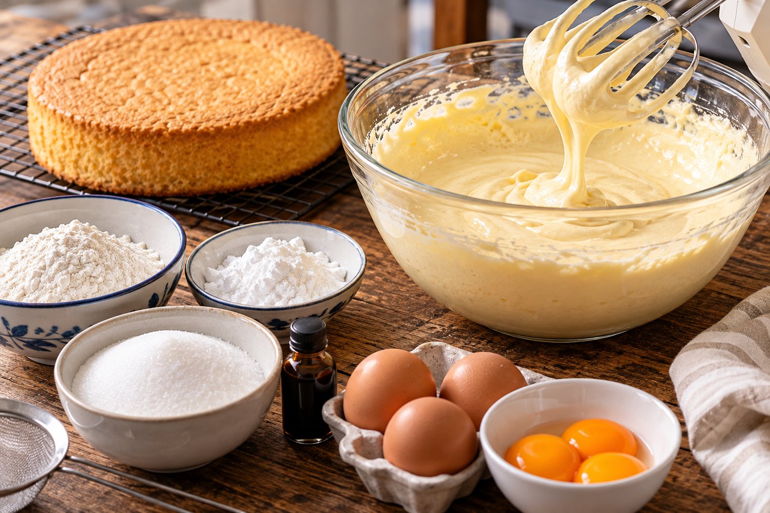 Impasto del Pan di Spagna lavorato con le fruste elettriche, con uova, farina e zucchero sul piano di lavoro