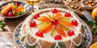 Cassata siciliana: ingredienti e ricetta passo dopo passo Cassata siciliana decorata con glassa bianca, arance, cedro e ciliegie candite