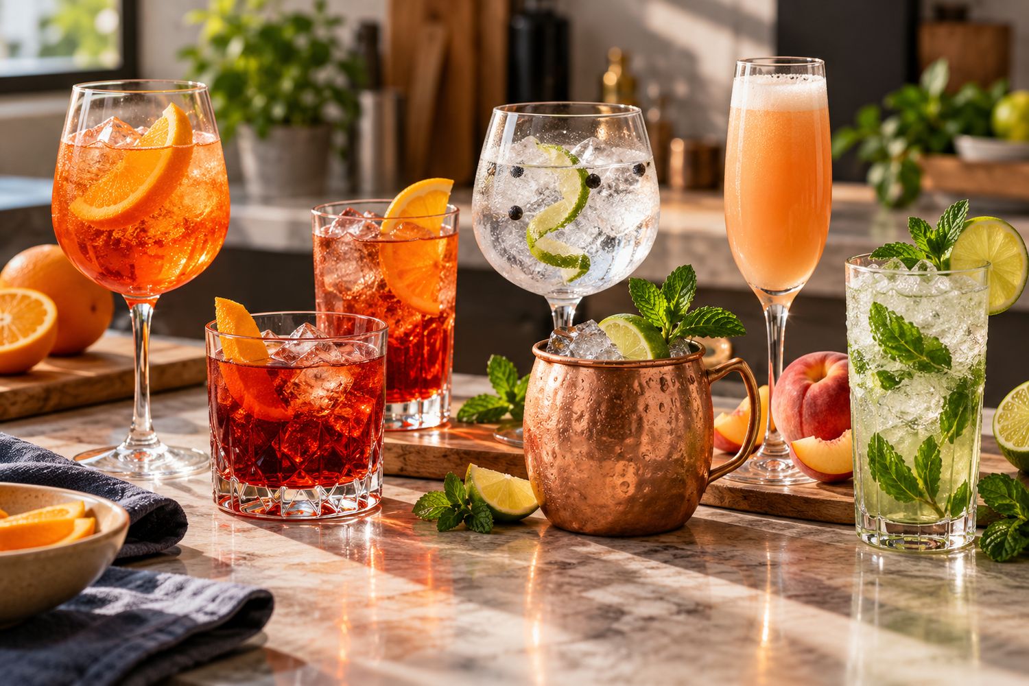 Sette cocktail su un bancone domestico, tra cui Spritz, Negroni, Gin Tonic e Moscow Mule