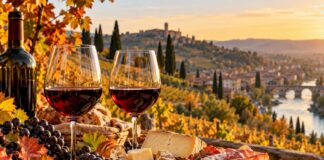 Eventi 17 e 18 ottobre 2026: cosa fare in Italia Calici di vino rosso e tagliere con formaggi, salumi e uva in un paesaggio autunnale