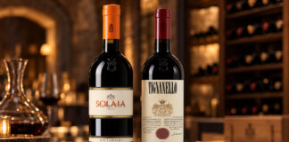 Furto vino Antinori: sparite bottiglie per 5 milioni di euro Furto vino Antinori: bottiglie di Solaia e Tignanello in una cantina con sfondo sfocato.