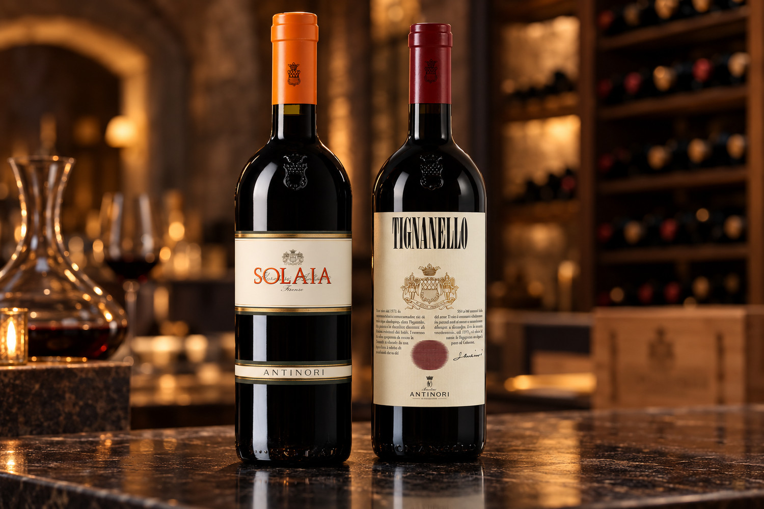 Furto vino Antinori: bottiglie di Solaia e Tignanello in una cantina con sfondo sfocato.