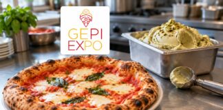 GEPI Expo 2026: pizza, gelato e ristorazione in Sicilia GEPI Expo: logo della fiera sopra una pizza margherita e una vaschetta di gelato al pistacchio.
