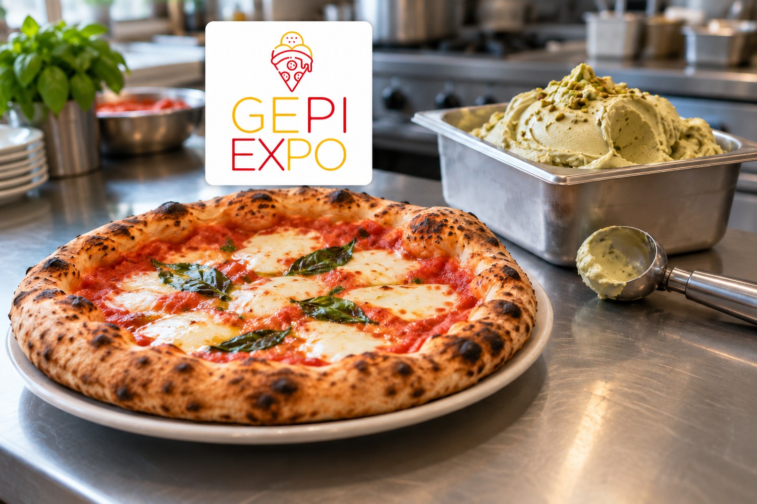 GEPI Expo: logo della fiera sopra una pizza margherita e una vaschetta di gelato al pistacchio.