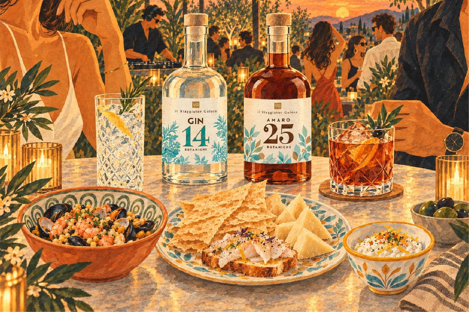 Gin e Amaro il Viaggiator Goloso con cocktail e botaniche mediterranee