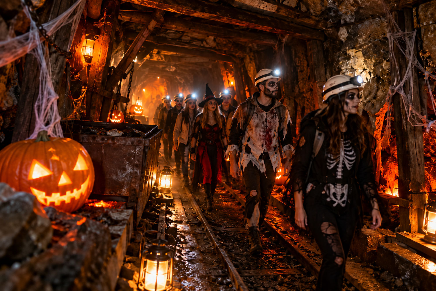 Halloween in miniera con visitatori in costume, zucche illuminate e ambientazione horror lungo una galleria sotterranea.